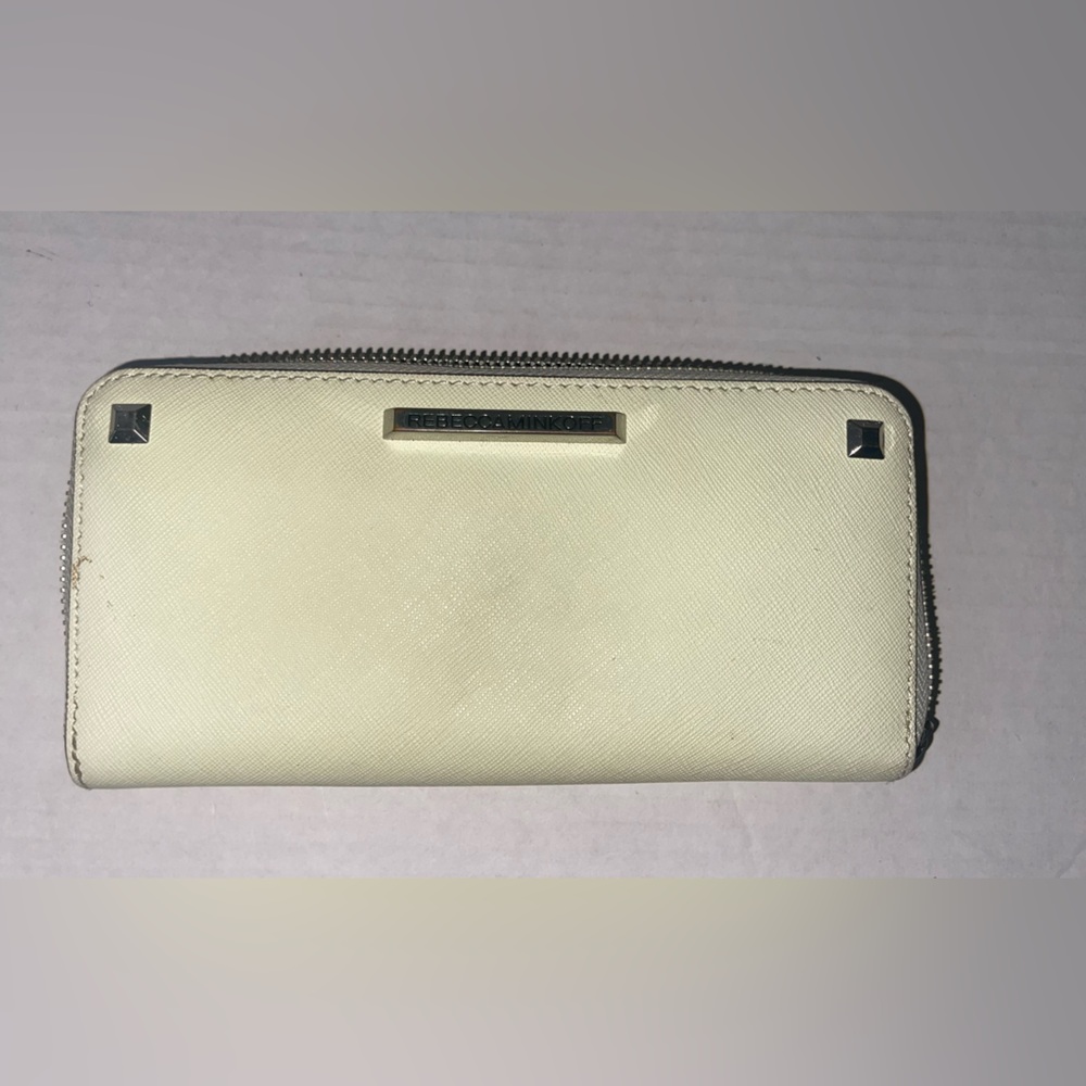 Rebecca Minkoff‎ Zip Around Wallet Saffiano Leather Cream Silver Hardware